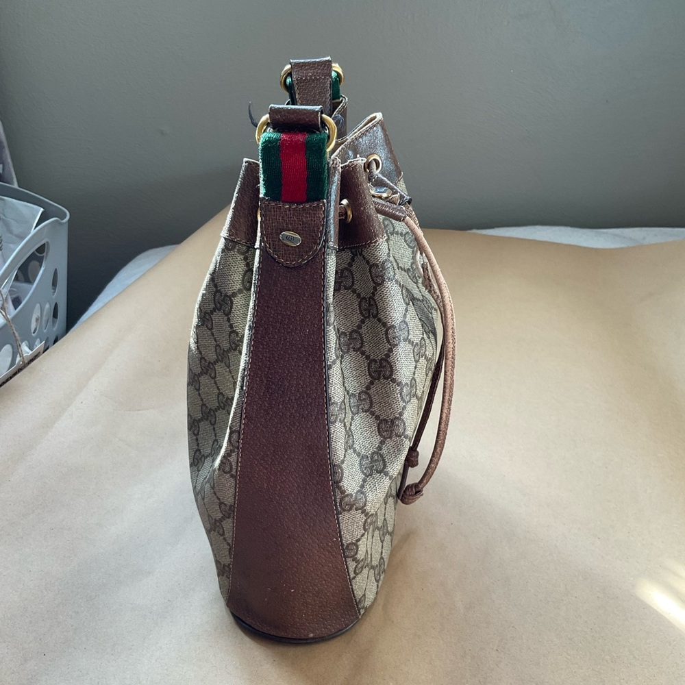 Vintage 1980s Gucci GG Canvas Brown Leather Drawstring Bucket Bag - Picture 5 of 10